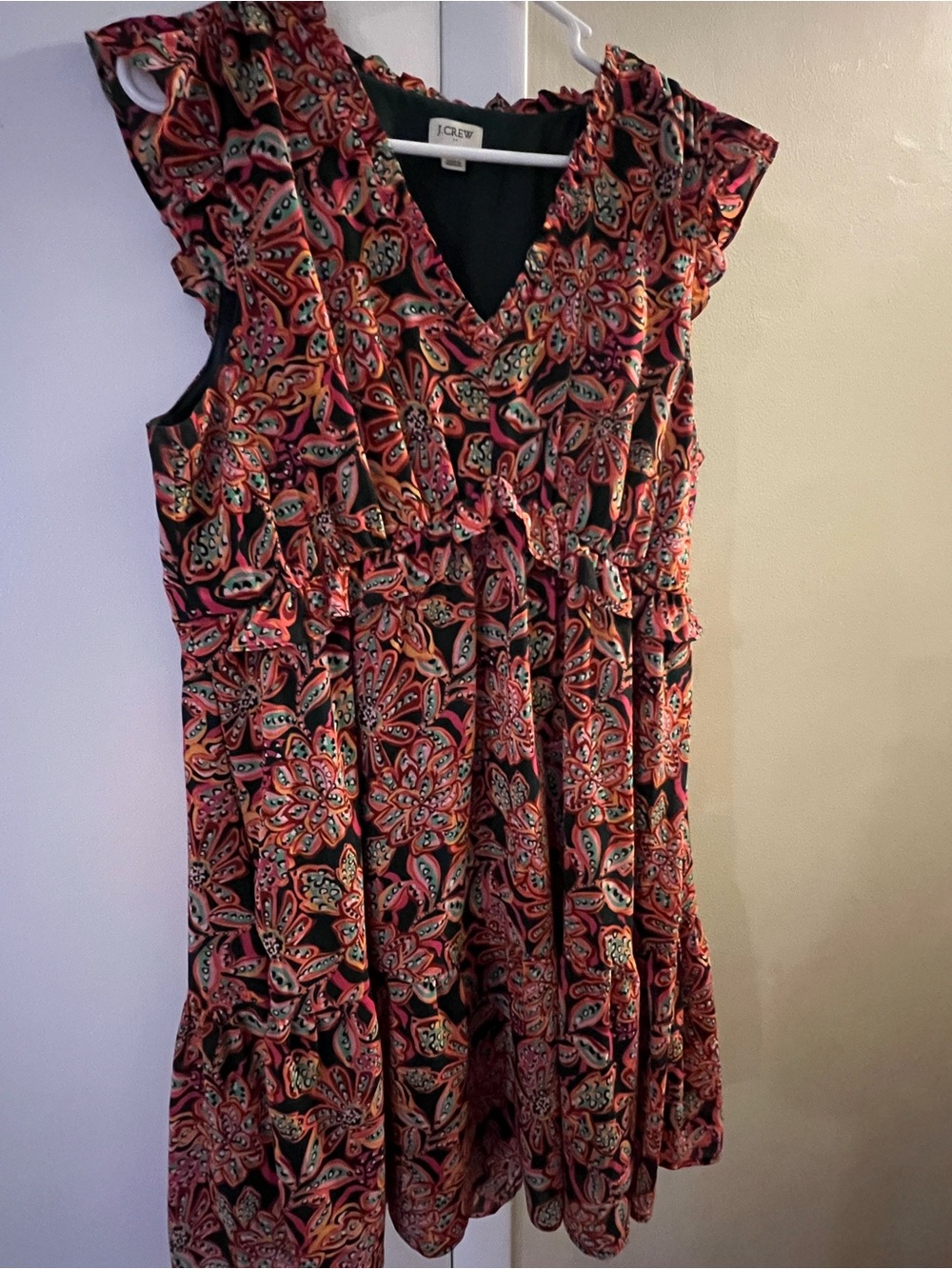 J. Crew Black Mini Dress with Red/Orange Paisley Print